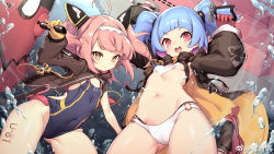 Rule 34 | 2girls, :d, absurdres, ahoge, arms up, asymmetrical sleeves, azur lane, blue hair, blue one-piece swimsuit, blunt bangs, body writing, breasts, brown jacket, cameltoe, character name, cleft of venus, covered navel, cowboy shot, cropped, gloves, gluteal fold, groin, hairband, highres, hood, hoodie, jacket, kinjo kuromomo, long sleeves, midriff, multiple girls, navel, o-ring, o-ring bottom, official art, one-piece swimsuit, open clothes, open jacket, open mouth, pink eyes, pink hair, red gloves, round teeth, rudder footwear, short twintails, small breasts, smile, stomach, swimsuit, teeth, thighs, twintails, two side up, u-556 (azur lane), u-81 (azur lane), underboob, underwater, uneven sleeves, upper teeth only, watermark, white hairband, yellow eyes, yellow gloves