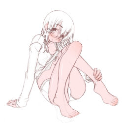 Rule 34 | 1girl, barefoot, blush, breasts, feet, female focus, full body, hair ornament, hair ribbon, highres, looking at viewer, open mouth, original, panties, partially colored, ribbon, sakuya tsuitachi, shirt, short hair, sitting, sketch, solo, toenails, toes, underwear, white background