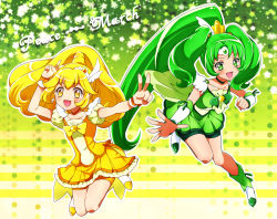 Rule 34 | 10s, 2girls, :d, bike shorts, blonde hair, bow, brooch, character name, choker, cure march, cure peace, double v, full body, gradient background, green background, green bow, green eyes, green hair, green shorts, green skirt, green theme, hair flaps, jewelry, kagami chihiro, kise yayoi, long hair, magical girl, midorikawa nao, multiple girls, open mouth, ponytail, precure, shoes, shorts, shorts under skirt, skirt, smile, smile precure!, tri tails, v, wrist cuffs, yellow background, yellow bow, yellow eyes, yellow shorts, yellow skirt