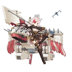 Rule 34 | 1girl, :o, anchor, belt, bird tail, blush, boots, breasts, brown footwear, brown jacket, brown thighhighs, buckle, cannon, chain, cleavage, eyebrows, feathers, full body, garter straps, holding, holding weapon, jacket, leg up, long hair, long sleeves, looking at viewer, machinery, military, military uniform, multicolored hair, north carolina (warship girls r), official art, pouch, radar, red eyes, red hair, sirills, solo, standing, standing on one leg, star (symbol), strap, streaked hair, tail, thigh strap, thighhighs, tomahawk, transparent background, turret, two-tone hair, uniform, vought os2u kingfisher, warship girls r, weapon, white hair, wings