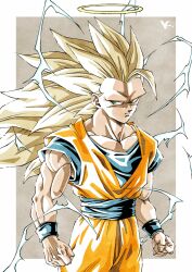 Rule 34 | 1boy, blonde hair, blue shirt, character request, clenched hands, dougi, dragon ball, electricity, green eyes, halo, highres, jumpsuit, kakeru (dbskakeru), long hair, looking at viewer, looking to the side, male focus, muscular, muscular male, orange jumpsuit, outside border, shirt, simple background, sleeveless, solo, spiked hair, super saiyan, super saiyan 3, toriyama akira (style), upper body