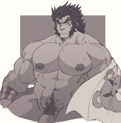 Rule 34 | 1boy, abs, absurdres, animal print, arm hair, bara, bear print, blush, cropped legs, dragalia lost, highres, juggermelon, large pectorals, long sideburns, looking at viewer, male focus, male pubic hair, mature male, muscular, muscular male, naked towel, navel, navel hair, nipples, nude, pectorals, penis, penis peek, pubic hair, short hair, sideburns, solo, stomach, sweat, sweatdrop, thick eyebrows, thick thighs, thighs, towel, valyx (dragalia lost)