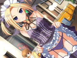 Rule 34 | 1990s (style), 1girl, bare shoulders, blonde hair, breasts, cleavage, clothes lift, demon wings, dress, dress lift, dutch angle, empty eyes, garter belt, hair ornament, hairclip, horiuchi sana, maid, murakami suigun, non-web source, panties, pia carrot (series), pia carrot e youkoso!!, purple eyes, restaurant, retro artstyle, short hair, skirt, skirt lift, solo, thighhighs, underwear, upskirt, wings