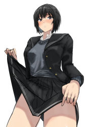 Rule 34 | 1girl, :&lt;, absurdres, amagami, black cardigan, black hair, black skirt, blouse, blush, cardigan, clothes lift, commentary, cowboy shot, dress shirt, foreshortening, from below, grey sweater vest, highres, kibito high school uniform, lifted by self, long sleeves, looking at viewer, nanasaki ai, nose blush, open cardigan, open clothes, parted lips, perspective, pleated skirt, raised eyebrows, school uniform, shirt, short hair, simple background, skirt, skirt lift, solo, standing, sweater vest, white background, white shirt, yoo tenchi