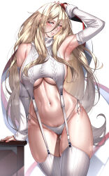 Rule 34 | 1girl, absurdres, alternate costume, aran legwear, arm up, armpits, blonde hair, breasts, cable knit, cropped sweater, detached sleeves, female pubic hair, garter straps, gluteal fold, hair between eyes, highres, kantai collection, kome cola, large breasts, long hair, meme attire, mismatched pubic hair, mole, mole under eye, mole under mouth, navel, panties, pubic hair, pubic hair peek, ribbed legwear, ribbed panties, ribbed sleeves, ribbed sweater, ribbed thighhighs, richelieu (kancolle), side-tie panties, sideboob, sleeveless, sleeveless sweater, sleeveless turtleneck, solo, sweat, sweater, turtleneck, turtleneck sweater, underwear, very long hair, virgin destroyer sweater, white garter straps, white panties, white sweater