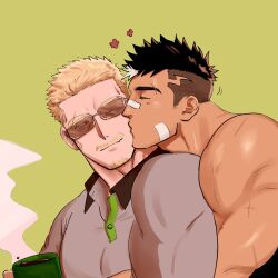 Rule 34 | 2boys, bandaid, bandaid on cheek, bandaid on face, bandaid on nose, bara, black hair, black tank top, blonde hair, closed eyes, closed mouth, collared shirt, cup, facial hair, fle0423, grey shirt, highres, holding, holding cup, kiss, kissing cheek, large pectorals, looking at another, male focus, multicolored hair, multiple boys, muscular, muscular male, one eye closed, original, pectorals, shirt, short hair, smile, sunglasses, tank top, two-tone hair, undercut, upper body, white hair, yaoi