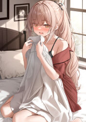 Rule 34 | 1girl, @ @, bed, black bra, blush, bra, brown hair, collarbone, commentary request, eyes visible through hair, fang, highres, holding, holding clothes, holding shirt, indoors, long hair, looking at viewer, monaka curl, on bed, open mouth, original, pajamas, pillow, ponytail, red pajamas, shirt, sitting, solo, thighs, underwear, white shirt, window, yellow eyes