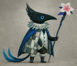 Rule 34 | animal, animal focus, bird, blue eyes, boots, capelet, cloak, commentary request, crow, flower, from side, fur boots, grey background, ka92, multiple tails, original, personification, scepter, standing, tail, two tails, vest