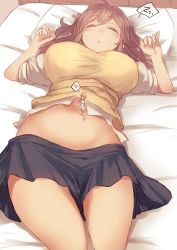 Rule 34 | 2girls, :o, black skirt, blonde hair, breasts, brown hair, closed eyes, curvy, giant, giantess, groin, heart, large breasts, long hair, lying, mini person, minigirl, miniskirt, multiple girls, navel, on back, on bed, original, puffy short sleeves, puffy sleeves, short sleeves, size difference, skirt, sleeping, spoken heart, standing, stomach, utopia, zzz
