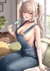 Rule 34 | 1girl, bare shoulders, belt collar, blue overalls, blush, book, breasts, brown eyes, brown hair, cleavage, collar, collarbone, desk, fang, hair ornament, highres, holding food, holding ice cream, ice cream, indoors, large breasts, long hair, looking at viewer, monaka curl, naked overalls, open mouth, original, overalls, plant, potted plant, sitting, solo, twintails