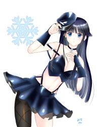 Rule 34 | 1girl, aquaplus, arms up, bare shoulders, black hair, blue eyes, blush, breasts, cagalli yuka, choker, cleavage, collarbone, crop top, fingerless gloves, frilled skirt, frills, gloves, hair over breasts, hand on own chest, highres, hime cut, large breasts, leaning to the side, long hair, looking at viewer, midriff, pantyhose, sidelocks, skirt, sleeveless, solo, thighs, touma kazusa, very long hair, white album, white album (series), white album 2