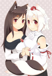Rule 34 | 1 mutsuki, 2girls, animal ears, asymmetrical docking, bare shoulders, blush, breast press, breasts, brooch, brown hair, collarbone, detached sleeves, fingernails, fur, holding hands, hat, hikimayu, imaizumi kagerou, intertwined tails, inubashiri momiji, jewelry, long hair, long sleeves, multiple girls, nail polish, open mouth, red eyes, short hair, silver hair, smile, tail, tail wrap, tokin hat, touhou, wolf ears, wolf tail