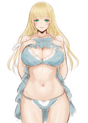 Rule 34 | 10s, 1girl, atago (kancolle), bare shoulders, blonde hair, blue bra, blue dress, blue panties, bra, breast suppress, breasts, cleavage, clothes lift, cowboy shot, damegane, dress, dress lift, green eyes, kantai collection, large breasts, long hair, navel, panties, simple background, sketch, smile, solo, string panties, thigh gap, underwear, white background
