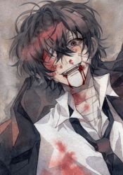 Rule 34 | 1boy, bandaged head, bandaged neck, bandages, black necktie, blood, blood on face, brown eyes, brown hair, bungou stray dogs, collared shirt, commentary request, crying, crying with eyes open, dazai osamu (bungou stray dogs), hair between eyes, highres, jacket, looking at viewer, lying, male focus, necktie, on back, one eye covered, shirt, short hair, solo, tears, white shirt, ziyi zhengjun
