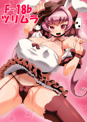 Rule 34 | 1girl, animal ears, bare shoulders, breasts, brown panties, rabbit ears, cameltoe, covered erect nipples, female focus, garter straps, hair ornament, hair ribbon, hat, highres, histamine c, huge breasts, long hair, long twintails, miniskirt, open mouth, panties, partially visible vulva, petticoat, pink hair, rabbit girl, red eyes, ribbon, skirt, solo, spread legs, thighhighs, twintails, underwear, upskirt, usada hikaru