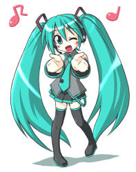 Rule 34 | 1girl, green eyes, green hair, hatsune miku, long hair, lowres, matching hair/eyes, mikagami sou, musical note, necktie, one eye closed, open mouth, simple background, solo, thighhighs, twintails, very long hair, vocaloid, white background, wink