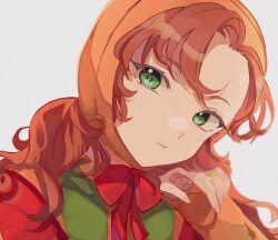 Rule 34 | 1girl, closed mouth, curly hair, dragon quest, dragon quest vii, green eyes, head scarf, highres, jewelry, long hair, looking at viewer, maribel (dq7), na (niruo3), orange hair, ring, simple background, solo, white background