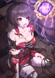 Rule 34 | 1girl, aged down, ardenlolo, bare shoulders, beidou (genshin impact), black thighhighs, blood, blood on face, breasts, cleavage, dress, genshin impact, one eye closed, open mouth, paid reward available, purple hair, rain, red eyes, shiny clothes, shiny skin, short hair, solo, thighhighs, torn clothes, twitter logo, vision (genshin impact), wooden floor