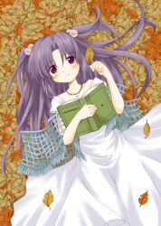 Rule 34 | 00s, 1girl, blush, book, clannad, dress, hair bobbles, hair ornament, ichinose kotomi, leaf, long hair, lying, patoto, purple hair, smile, solo, two side up