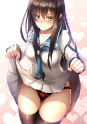 Rule 34 | 10s, 1girl, angry, argyle, argyle background, argyle clothes, asymmetrical bangs, black thighhighs, blush, breasts, brown hair, closed mouth, clothes lift, collarbone, covered erect nipples, dies irae, dress, dress lift, embarrassed, eyebrows, gluteal fold, gradient background, hatori mia, heart, heart background, highres, long hair, looking at viewer, medium breasts, panties, patterned background, pink background, pleated dress, red panties, sailor collar, sailor dress, sakurai kei, shinza bansho series, solo, sweatdrop, tearing up, thigh gap, thighhighs, underwear, yellow eyes