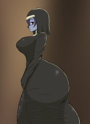 Rule 34 | 1girl, ass, breasts, clothes, colored skin, embarrassed, fibilis, futanari, gradient background, hair over one eye, highres, huge ass, huge penis, huge testicles, large breasts, looking at viewer, nun, penis, purple hair, red eyes, skullgirls, solo, squigly (skullgirls), testicles, wet
