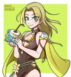 Rule 34 | 1girl, blonde hair, blue eyes, breasts, cape, cleavage, coconut, coconut cup, earrings, eyes visible through hair, fire emblem, fire emblem: the sacred stones, fire emblem heroes, highres, jewelry, mag (magdraws), medium breasts, medium hair, nintendo, official alternate costume, one-piece swimsuit, parted bangs, selena (fire emblem: the sacred stones), selena (summer) (fire emblem: the sacred stones), signature, smile, solo, swimsuit