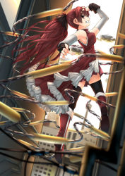 Rule 34 | 10s, 1girl, black thighhighs, blurry, boots, bow, breasts, chain, depth of field, hair bow, highres, hullzion, long hair, magical girl, mahou shoujo madoka magica, mahou shoujo madoka magica (anime), ponytail, red eyes, red hair, sakura kyoko, solo, thighhighs, weapon