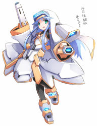 Rule 34 | 1girl, :d, alternate hair color, arm cannon, bal-bados, blue hair, full body, glowing, green eyes, index (toaru majutsu no index), karukan (monjya), long hair, looking at viewer, mecha musume, open mouth, simple background, smile, solo, standing, standing on one leg, toaru majutsu no index, toaru majutsu no virtual-on, translation request, virtual on, weapon, white background