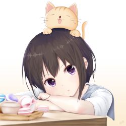 Rule 34 | 1girl, bad id, bad pixiv id, blurry, blush, brown hair, cat, commentary request, crossed arms, depth of field, gradient background, head tilt, highres, indoors, looking at viewer, mito ichijyo, open mouth, original, purple eyes, short hair, sitting, solo, table