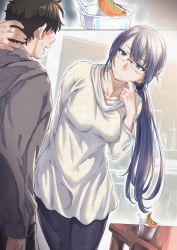 Rule 34 | 1boy, 1girl, arm behind head, blue eyes, blue hair, breasts, collarbone, commentary request, cup ramen, dress, faceless, faceless male, glasses, highres, husband and wife, inu (aerodog), jewelry, long hair, low ponytail, original, pants, ponytail, ring, short dress, sweater, table, very long hair, wavy mouth, wedding band, white dress