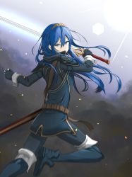 Rule 34 | 1girl, absurdres, black gloves, black pants, blue eyes, blue hair, falchion (fire emblem), fingerless gloves, fire emblem, fire emblem awakening, floating hair, gloves, hair between eyes, hairband, highres, holding, holding sword, holding weapon, long hair, long sleeves, looking at viewer, lucina (fire emblem), nintendo, pants, solo, straight hair, sword, tim86231, very long hair, weapon, yellow hairband
