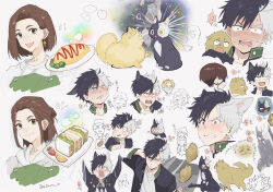 1girl 3boys animal_ears animalization blush brown_hair cat_ears earrings eyepatch food fruit heterochromia highres jewelry lemon lemon_slice multicolored_hair multiple_boys multiple_views nirei_akihiko omelet omurice open_mouth popped_collar sakura_haruka_(wind_breaker) sandwich short_hair smile soul_(tamashii) split-color_hair strawberry strawberry_slice suo_hayato tachibana_kotoha tassel tassel_earrings white_hair wind_breaker_(nii_satoru)