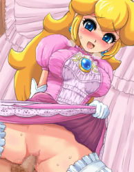 Rule 34 | 1girl, assertive female, bed, blonde hair, blue eyes, blush, breasts, brooch, censored, clothed sex, clothes lift, cowgirl position, crown, dark-skinned male, dark penis, dark skin, dress, dress lift, earrings, elbow gloves, girl on top, gloves, happy sex, jewelry, konpeto, large breasts, long hair, lowres, mario (series), mosaic censoring, nintendo, no panties, penis, pink dress, princess peach, pussy, sex, solo focus, straddling, sweat, thighhighs, upskirt, vaginal