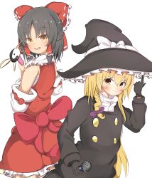 Rule 34 | 2girls, absurdres, akabeco, black gloves, black hair, black hat, blonde hair, blush, bow, braid, brown eyes, closed mouth, cookie (touhou), detached sleeves, gloves, hair bow, hair tubes, hakurei reimu, hat, highres, holding, holding microphone, kirisame marisa, long sleeves, looking at viewer, microphone, multiple girls, open mouth, purple bow, red bow, rei (cookie), sananana (cookie), smile, touhou, witch hat