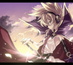 Rule 34 | 1girl, black gloves, blonde hair, bracer, breasts, cape, earmuffs, elbow gloves, gloves, letterboxed, looking at viewer, shirt, short hair, single glove, sleeveless, sleeveless shirt, small breasts, smile, solo, sword, touhou, touya (the-moon), toyosatomimi no miko, weapon, yellow eyes