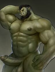 Rule 34 | 110 (ylnzei), 1boy, abs, arm behind head, arm hair, bara, beard, bored, chest hair, colored skin, completely nude, erection, facial hair, feet out of frame, girthy penis, green skin, groin, hairy, highres, large hands, large pectorals, leg hair, looking to the side, male focus, mature male, monster boy, muscular, muscular male, navel, navel hair, nipples, nude, orc, original, pectorals, penis, pointy ears, red eyes, scratching head, short hair, solo, stomach, strongman waist, thick eyebrows, thick thighs, thighs, tusks, uncensored, veins, veiny penis