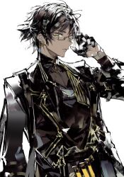 Rule 34 | 1boy, arknights, bespectacled, black gloves, black hair, black jacket, black shirt, braid, brooch, closed mouth, dark-skinned male, dark skin, detached collar, earrings, glasses, gloves, gold trim, half gloves, highres, jacket, jewelry, long sleeves, looking at viewer, male focus, remsrar, shirt, short ponytail, solo, thorns (arknights), upper body, wing collar, yellow eyes