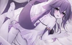 Rule 34 | 1girl, ass, barefoot, bikini, black bikini, blush, body markings, breasts, colored skin, dress, facial mark, fang, fins, fish tail, grey skin, hair between eyes, indie virtual youtuber, long hair, looking at viewer, lying, megalodon (vtuber), on stomach, open mouth, purple eyes, purple hair, second-party source, shark girl, shark tail, short dress, skin fang, solo, swimsuit, tail, virtual youtuber, whisker markings, white dress, yumiewuri