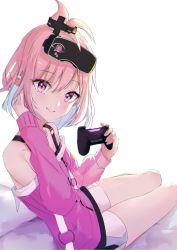 Rule 34 | 1girl, arknights, bare shoulders, blue hair, closed mouth, controller, female focus, from side, game controller, hand in own hair, hand on own neck, hand up, head-mounted display, highres, holding, itsukitoo, jacket, kirara (arknights), kirara (trendsetting player) (arknights), long sleeves, looking at viewer, looking to the side, multicolored hair, off-shoulder jacket, off shoulder, official alternate costume, pink hair, pink jacket, pointy ears, purple eyes, short hair, short shorts, shorts, simple background, sitting, smile, solo, thighs, topknot, two-tone hair, white background, white shorts, yokozuwari
