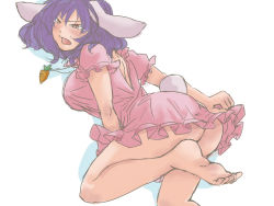 Rule 34 | 1girl, animal ears, ass, bare back, bare legs, barefoot, breasts, carrot necklace, clothes pull, cosplay, dress, dress pull, dress tug, embarrassed, feet, inaba tewi, inaba tewi (cosplay), jewelry, large breasts, leg up, legs, looking to the side, mabui, necklace, no panties, pendant, pink dress, purple hair, rabbit ears, rabbit girl, rabbit tail, red eyes, short hair, simple background, solo, tail, tears, thighs, touhou, white background, yasaka kanako