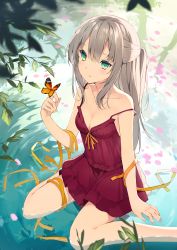 Rule 34 | 1girl, aqua eyes, bad id, bad pixiv id, bare arms, bare legs, bare shoulders, blurry, blurry foreground, blush, breasts, bug, butterfly, cleavage, collarbone, commentary, depth of field, dress, hair between eyes, half updo, hand up, highres, insect, long hair, looking at viewer, medium breasts, orange ribbon, original, parted lips, plant, red dress, revision, ribbon, ripples, sidelocks, silver hair, sitting, sleeveless, sleeveless dress, solo, strap slip, sutorora, thighs, wariza, water