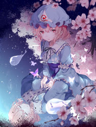 Rule 34 | 1girl, absurdres, arm garter, bad id, bad pixiv id, between legs, blue hat, blue kimono, branch, bug, butterfly, cherry blossoms, closed eyes, commentary request, different reflection, floral print, hair between eyes, hand between legs, hat, highres, hinata (jjkt8344), hitodama, huge filesize, in water, insect, japanese clothes, kimono, light particles, looking at viewer, mob cap, no headwear, obi, open hands, parted lips, pink eyes, pink hair, reflection, ripples, saigyou ayakashi, saigyouji yuyuko, saigyouji yuyuko (living), sash, short hair, sitting, solo, touhou, triangular headpiece, wariza