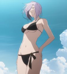 Rule 34 | 00s, 1girl, asu no yoichi, bare shoulders, bikini, blue sky, breasts, cleavage, cloud, female focus, from below, hair over one eye, hand on own hip, highres, large breasts, navel, purple hair, red eyes, screencap, sky, smile, solo, standing, stitched, swimsuit, takatsukasa angela, third-party edit, underboob