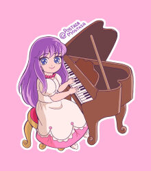 Rule 34 | 1girl, absurdres, artist name, bead necklace, beads, blue eyes, chibi, closed mouth, commentary, dot nose, dress, english commentary, eyelashes, full body, grand piano, highres, instrument, jewelry, kido saori, long dress, long hair, looking at viewer, music, necklace, on stool, piano, pink background, pink dress, pink lips, playing instrument, playing piano, postaza mostaza, puffy short sleeves, puffy sleeves, purple hair, saint seiya, short sleeves, simple background, sitting, smile, solo, stool, twitter username, two-tone dress, white dress, white footwear