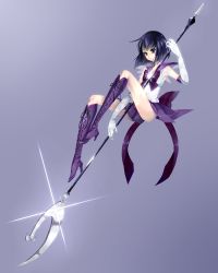 Rule 34 | 1990s (style), 1girl, bishoujo senshi sailor moon, black hair, bob cut, boots, bow, brooch, brown bow, cross-laced footwear, elbow gloves, glaive (polearm), gloves, hachimaru (ediciusa), highres, holding, holding polearm, holding spear, holding weapon, knee boots, lace-up boots, long legs, magical girl, over shoulder, polearm, purple eyes, purple footwear, purple skirt, retro artstyle, sailor saturn, sailor senshi, short hair, silence glaive, skirt, solo, spear, staff, star brooch, tiara, tomoe hotaru, weapon, weapon over shoulder, white gloves