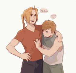 Rule 34 | 2boys, alphonse elric, blonde hair, brothers, commentary, edward elric, fullmetal alchemist, grey shirt, hand on own hip, image sample, long hair, looking at viewer, lowres, male focus, multiple boys, one eye closed, orange shirt, pants, ponytail, shirt, short hair, siblings, simple background, sleeveless, smile, speech bubble, standing, tumblr sample, upper body, white background