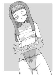 Rule 34 | 1girl, absurdres, border, breasts, cowboy shot, dutch angle, fundoshi, fundoshi lift, girls und panzer, gluteal fold, greyscale, groin, half-closed eye, headband, highres, japanese clothes, lifted by self, long hair, looking at viewer, monochrome, one eye closed, renshiu, saemonza (girls und panzer), sarashi, small breasts, solo, standing