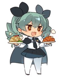Rule 34 | 1girl, anchovy (girls und panzer), anzio school uniform, black footwear, black necktie, black ribbon, black skirt, cape, chibi, collared shirt, commentary request, drill hair, dual wielding, fang, food, full body, girls und panzer, green hair, hair ribbon, highres, holding, holding plate, long hair, long sleeves, mota, necktie, open mouth, pantyhose, pasta, plate, pleated skirt, red eyes, ribbon, school uniform, shirt, simple background, skin fang, skirt, smile, solo, spaghetti, steam, twin drills, twintails, white background, white pantyhose, white shirt