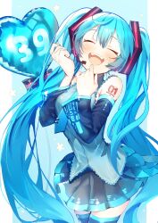Rule 34 | 1girl, :d, balloon, black thighhighs, blue hair, boom microphone, closed eyes, detached sleeves, hatsune miku, highres, long hair, necktie, open mouth, shoulder tattoo, simple background, skirt, smile, solo, tattoo, teeth, thighhighs, twintails, upper teeth only, wasemkn