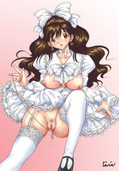 Rule 34 | 1girl, blush, breasts, brown hair, censored, chain, choker, clitoris piercing, dress, earrings, female pubic hair, garter belt, garter straps, gradient background, jewelry, jinjin, labia piercing, lace, lace-trimmed legwear, lace trim, large breasts, leg up, legs, linked piercing, long hair, looking at viewer, maryjane, nipple chain, nipple piercing, nipple pull, nipple rings, nipple stimulation, nipples, no panties, orange eyes, piercing, pubic hair, pussy, pussy juice, pussy piercing, ribbon, simple background, smile, solo, thighhighs, thighs, white dress, white thighhighs